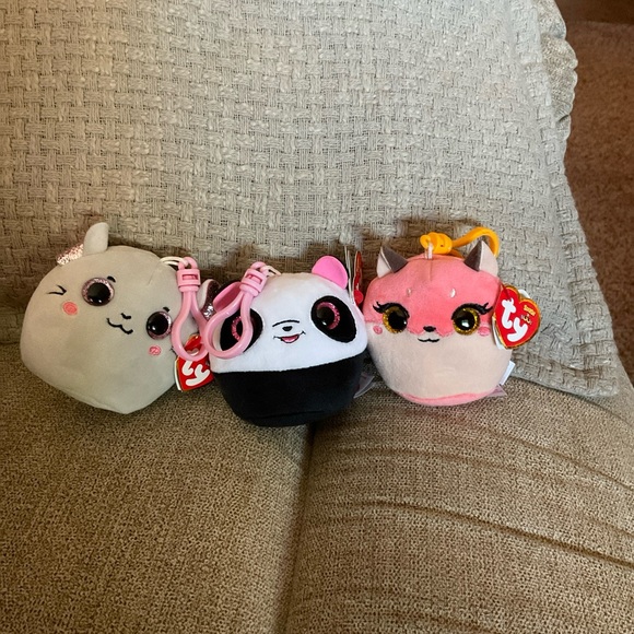 3 TY Squish a Boo Beanies Plush Clip On Key Chain Catnip Bamboo Roxie NEW! - Picture 1 of 11